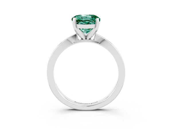 Platinum Round Cut Green Sapphire Solitaire Engagement Ring with Classic Band and Four-Prong Setting