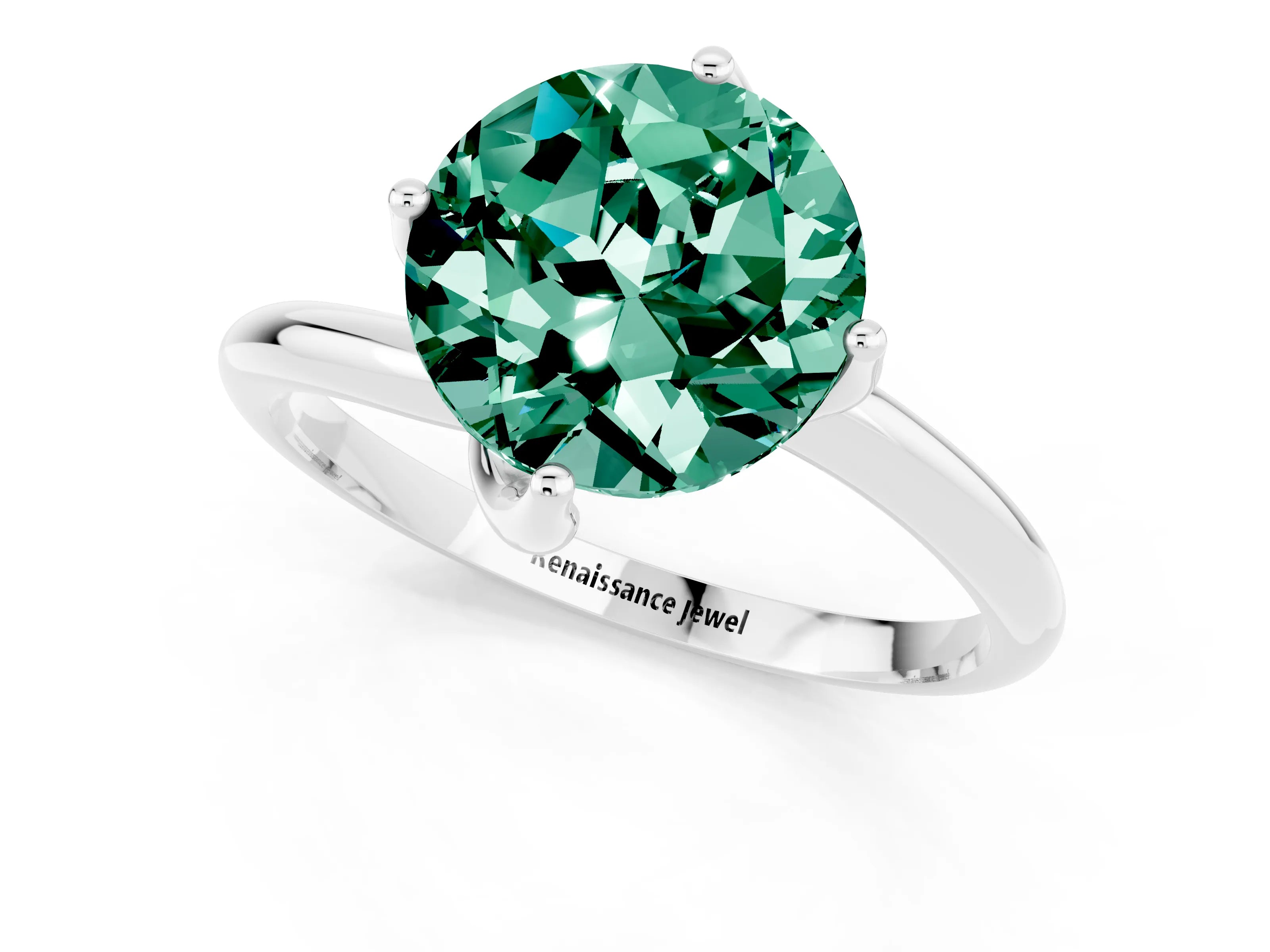 White gold Round Cut Green Sapphire Solitaire Engagement Ring with Four-Prong Setting and Classic Band_13