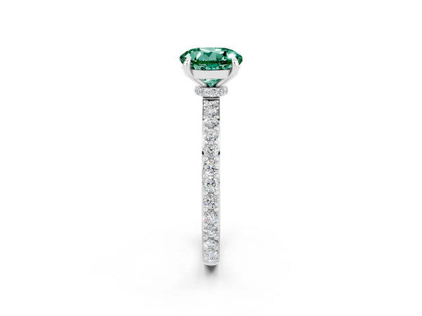 Platinum Round Cut Green Sapphire Solitaire Engagement Ring with Pavé Band and Four-Prong Setting