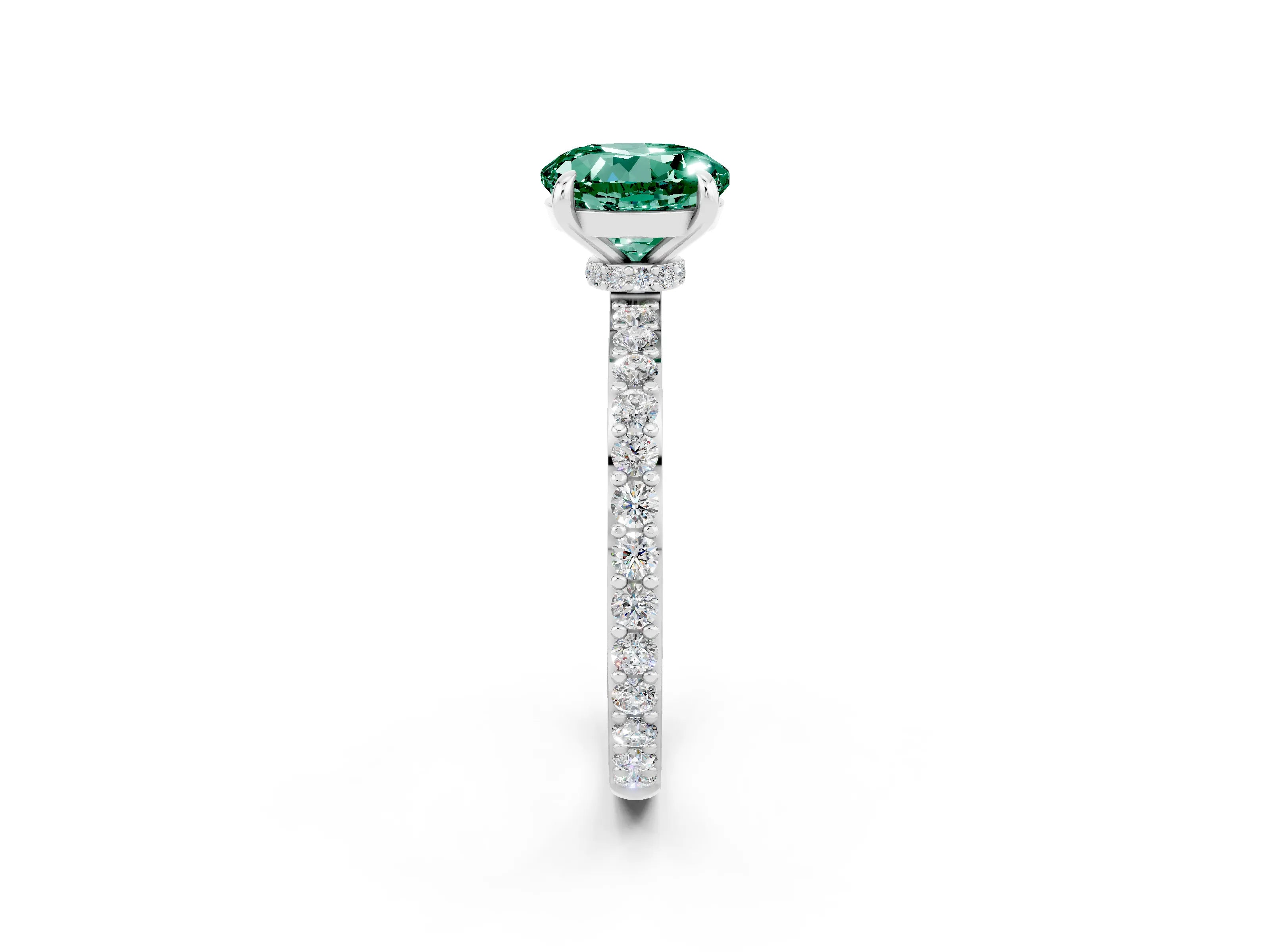 White gold Round Cut Green Sapphire Solitaire Engagement Ring with Pavé Band and Four-Prong Setting_2