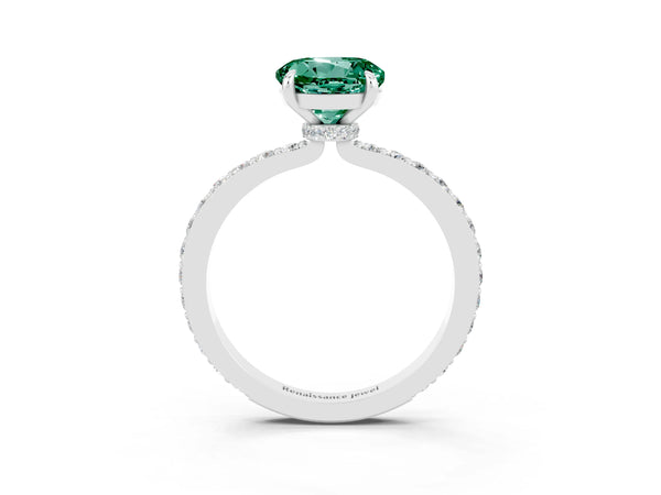 White gold Round Cut Green Sapphire Solitaire Engagement Ring with Pavé Band and Four-Prong Setting