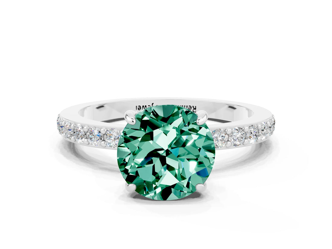 White gold Round Cut Green Sapphire Solitaire Engagement Ring with Pavé Band and Four-Prong Setting