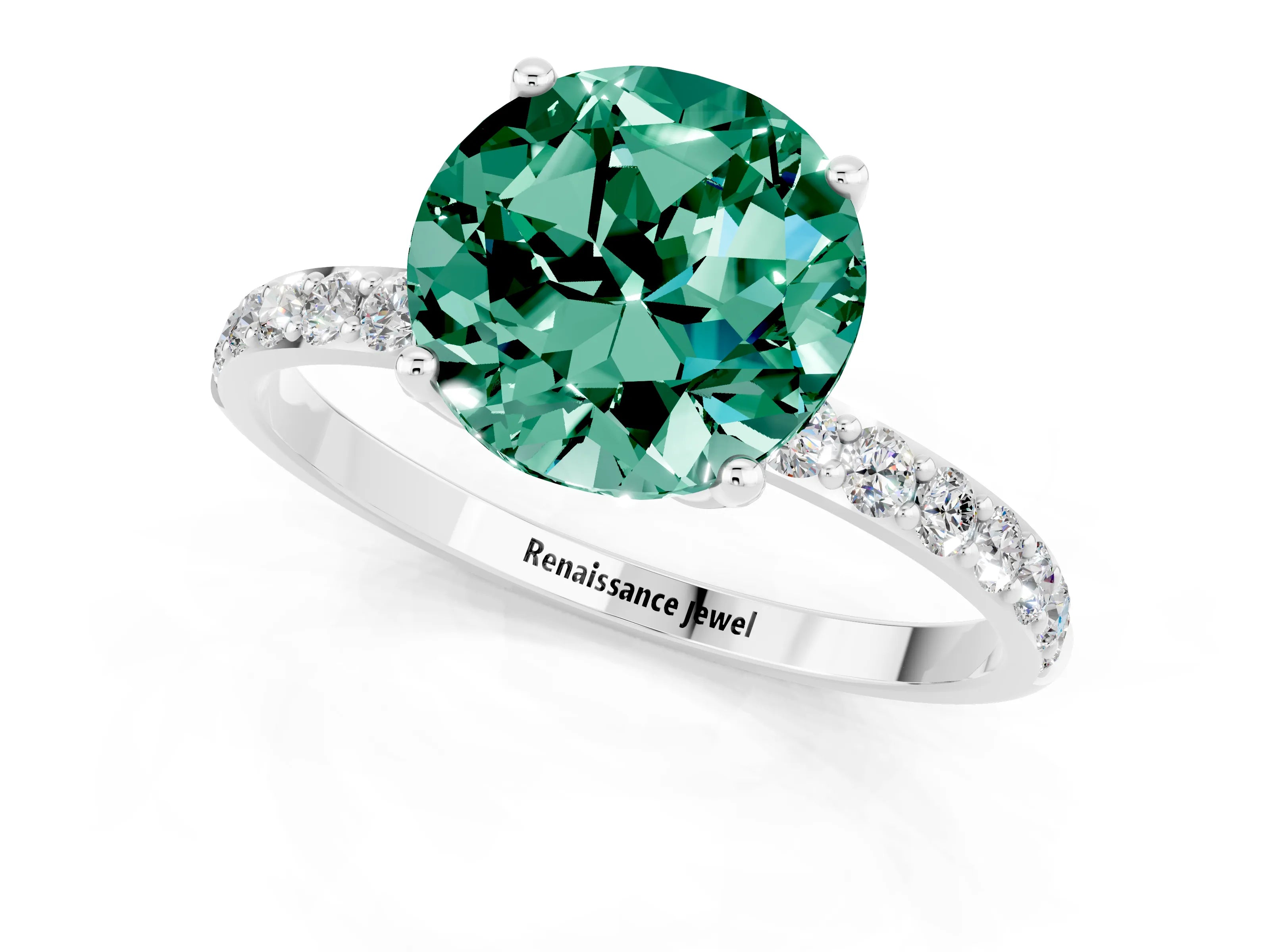 White gold Round Cut Green Sapphire Solitaire Engagement Ring with Pavé Band and Prong Setting_1