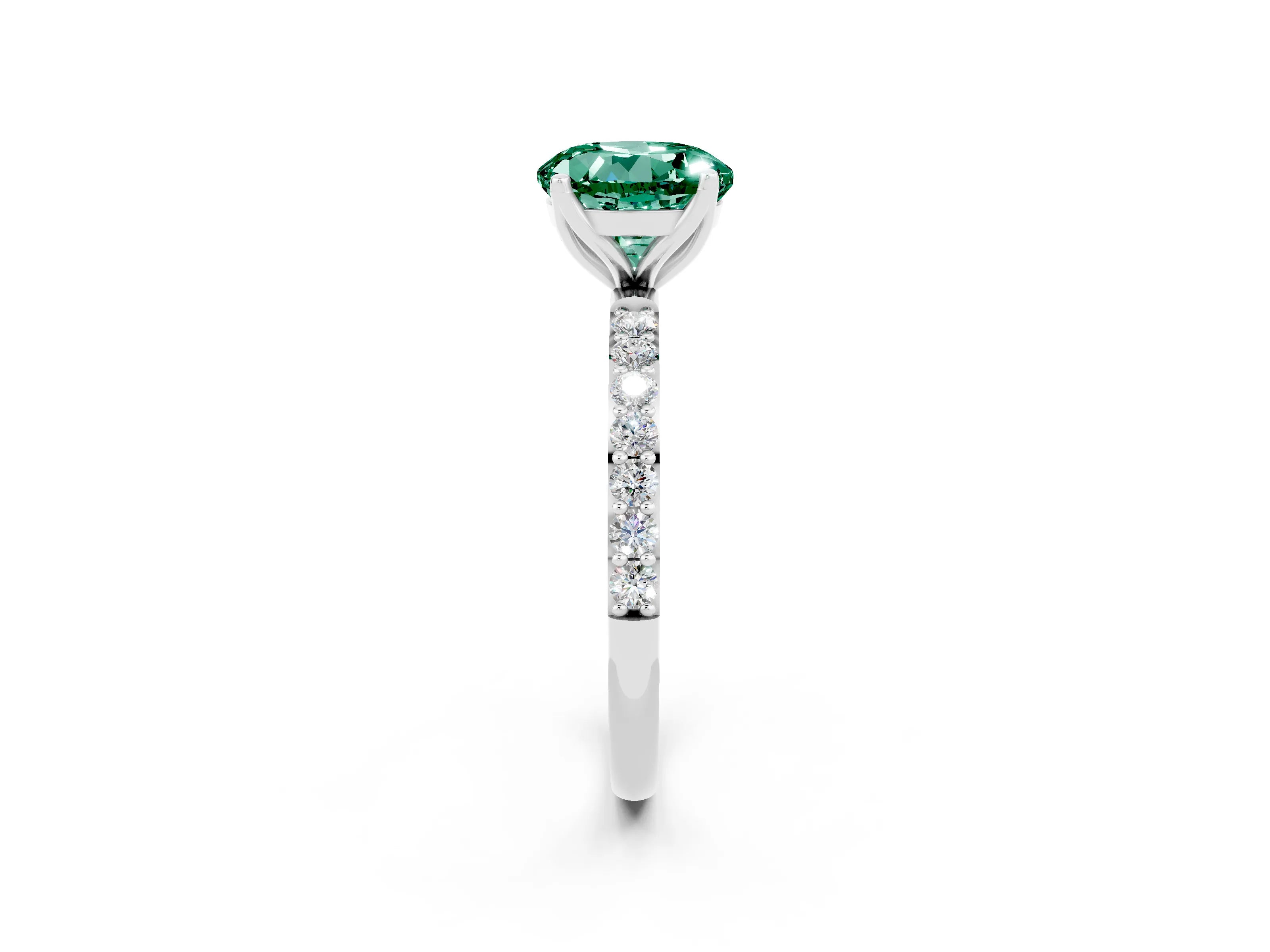 White gold Round Cut Green Sapphire Solitaire Engagement Ring with Pavé Band and Prong Setting_2