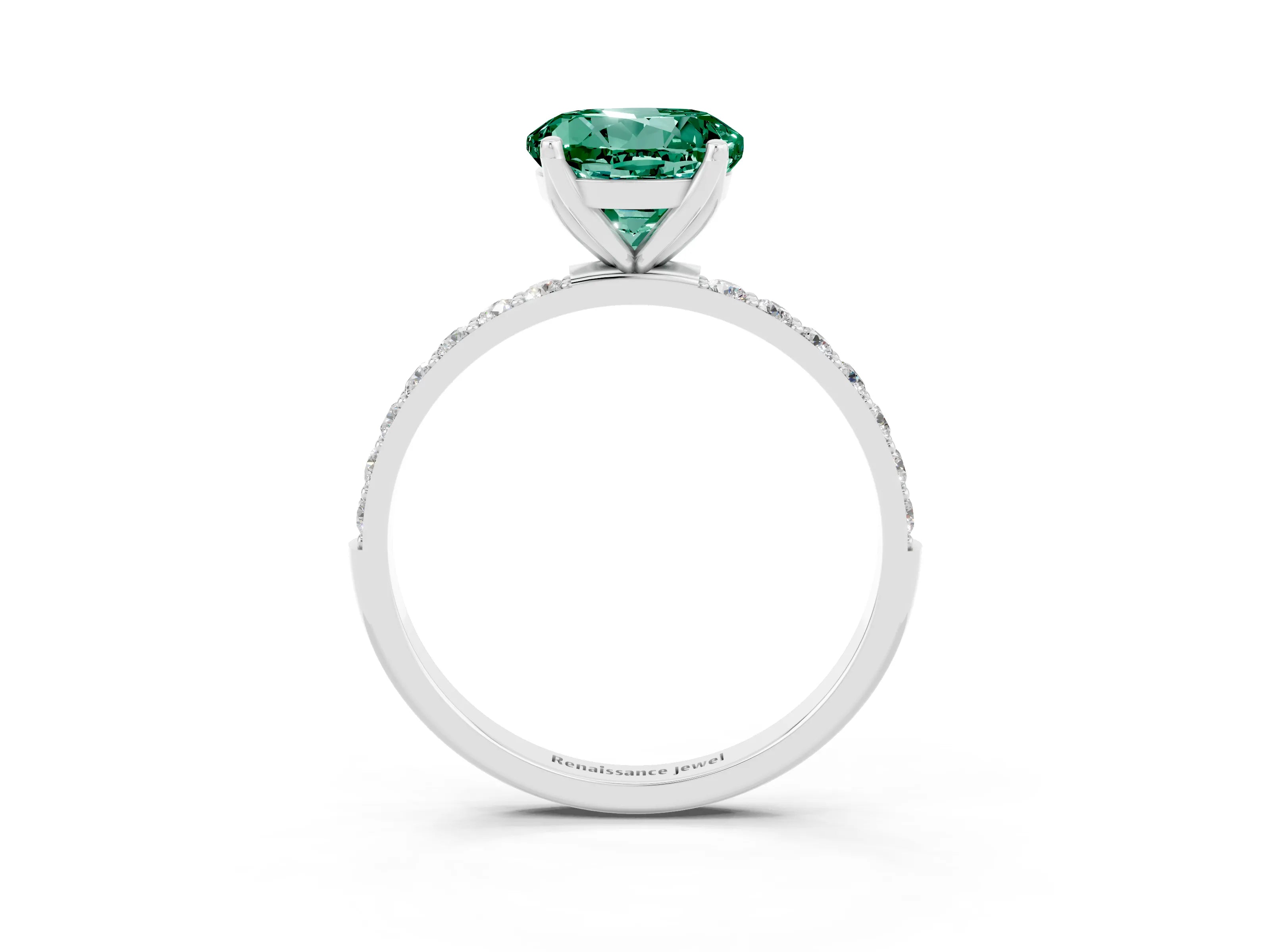 White gold Round Cut Green Sapphire Solitaire Engagement Ring with Pavé Band and Prong Setting_3