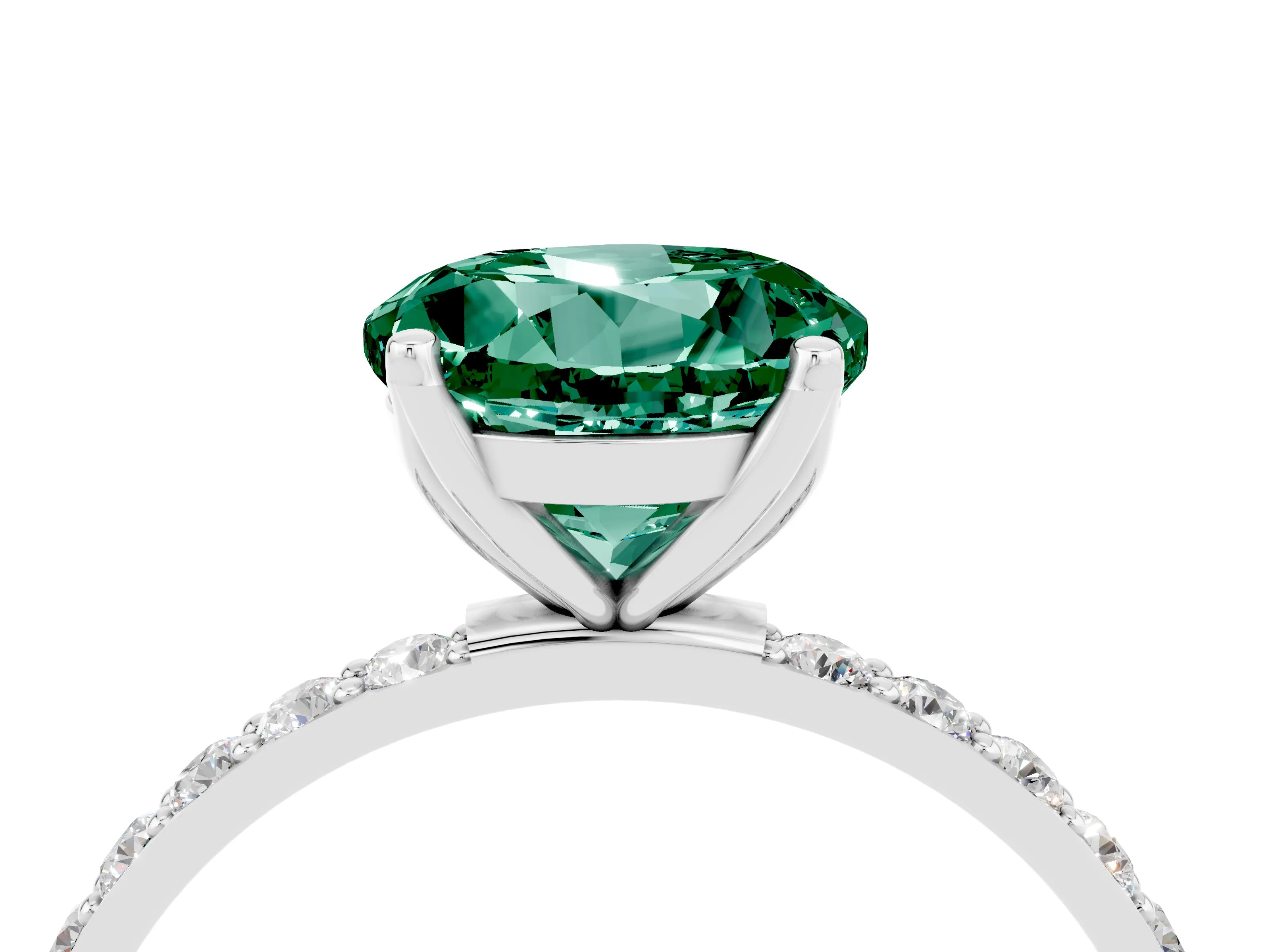 White gold Round Cut Green Sapphire Solitaire Engagement Ring with Pavé Band and Prong Setting_4