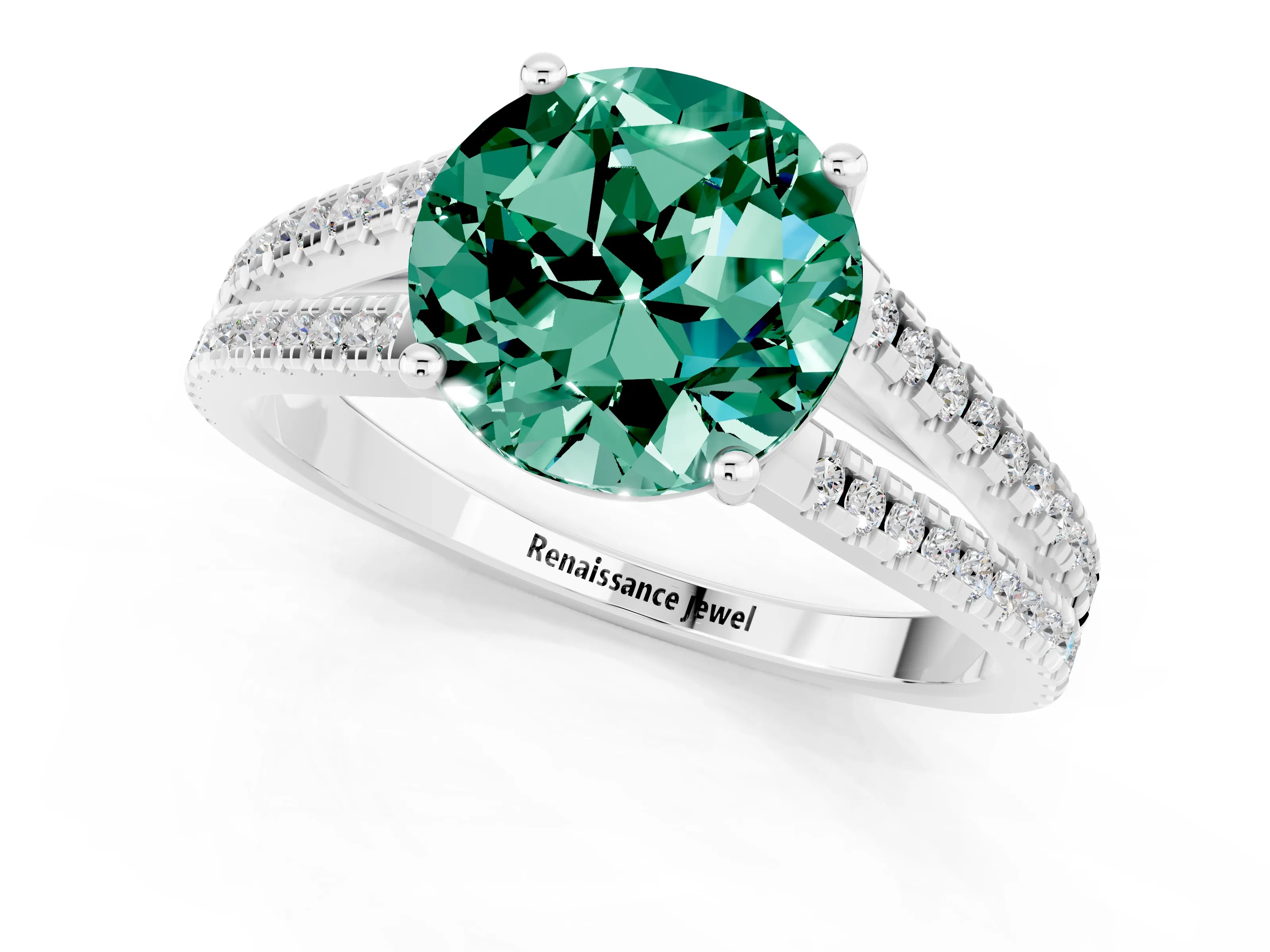 White gold Round Cut Green Sapphire Solitaire Engagement Ring with Split Shank Pavé Band_1