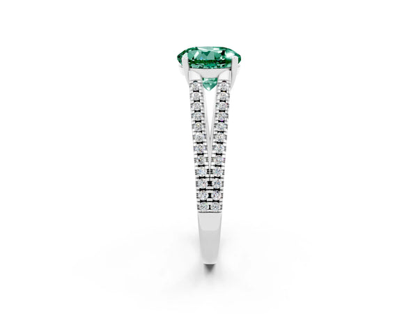 Silver Round Cut Green Sapphire Solitaire Engagement Ring with Split Shank Pavé Band