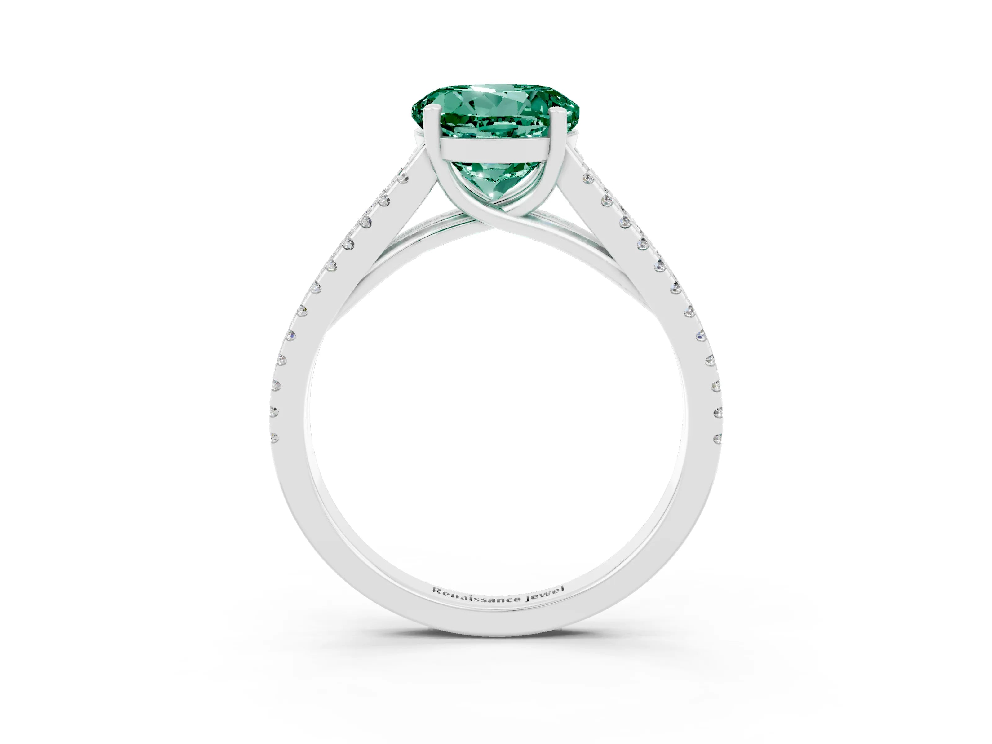 White gold Round Cut Green Sapphire Solitaire Engagement Ring with Split Shank Pavé Band_3