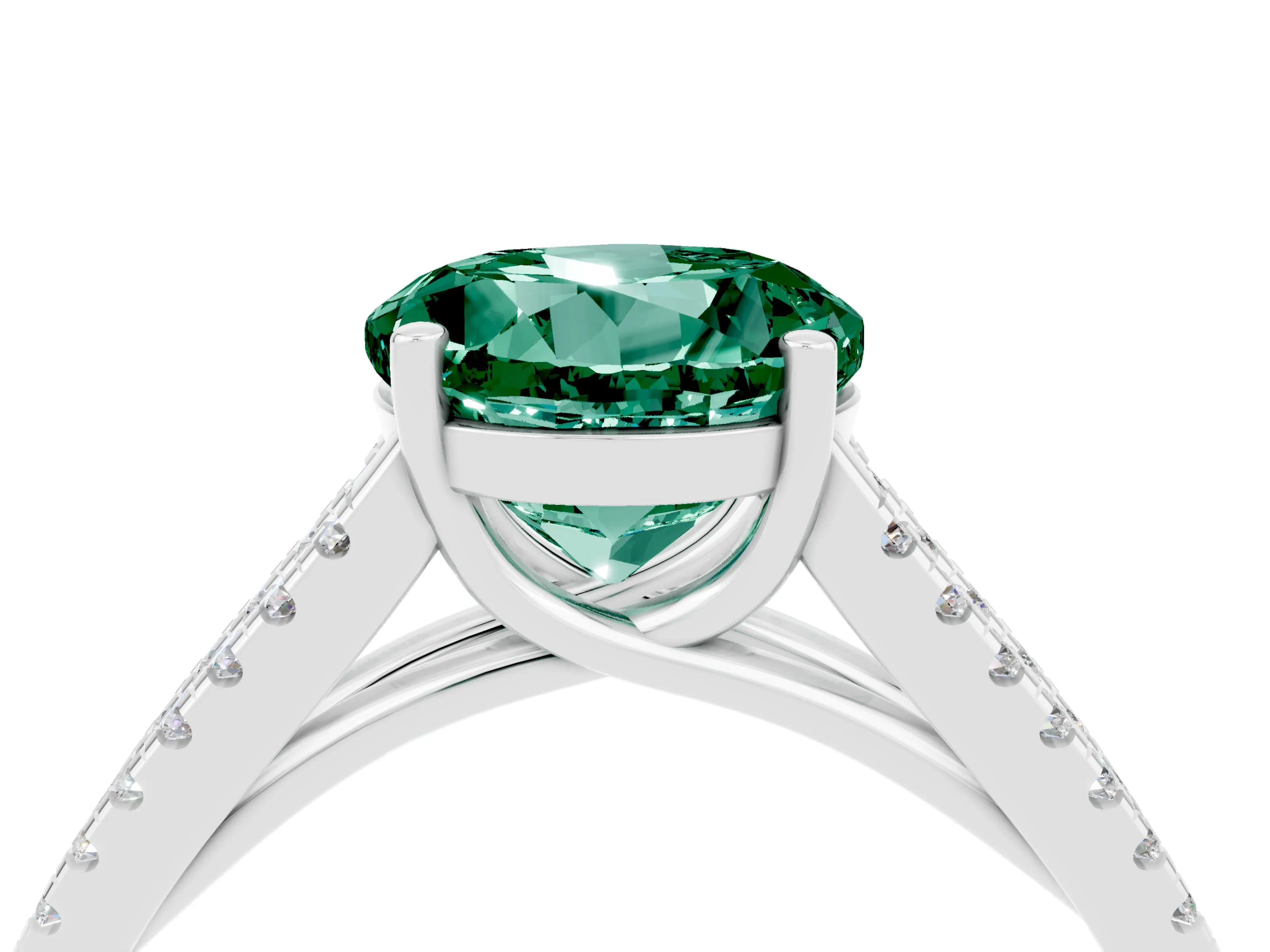 White gold Round Cut Green Sapphire Solitaire Engagement Ring with Split Shank Pavé Band_4