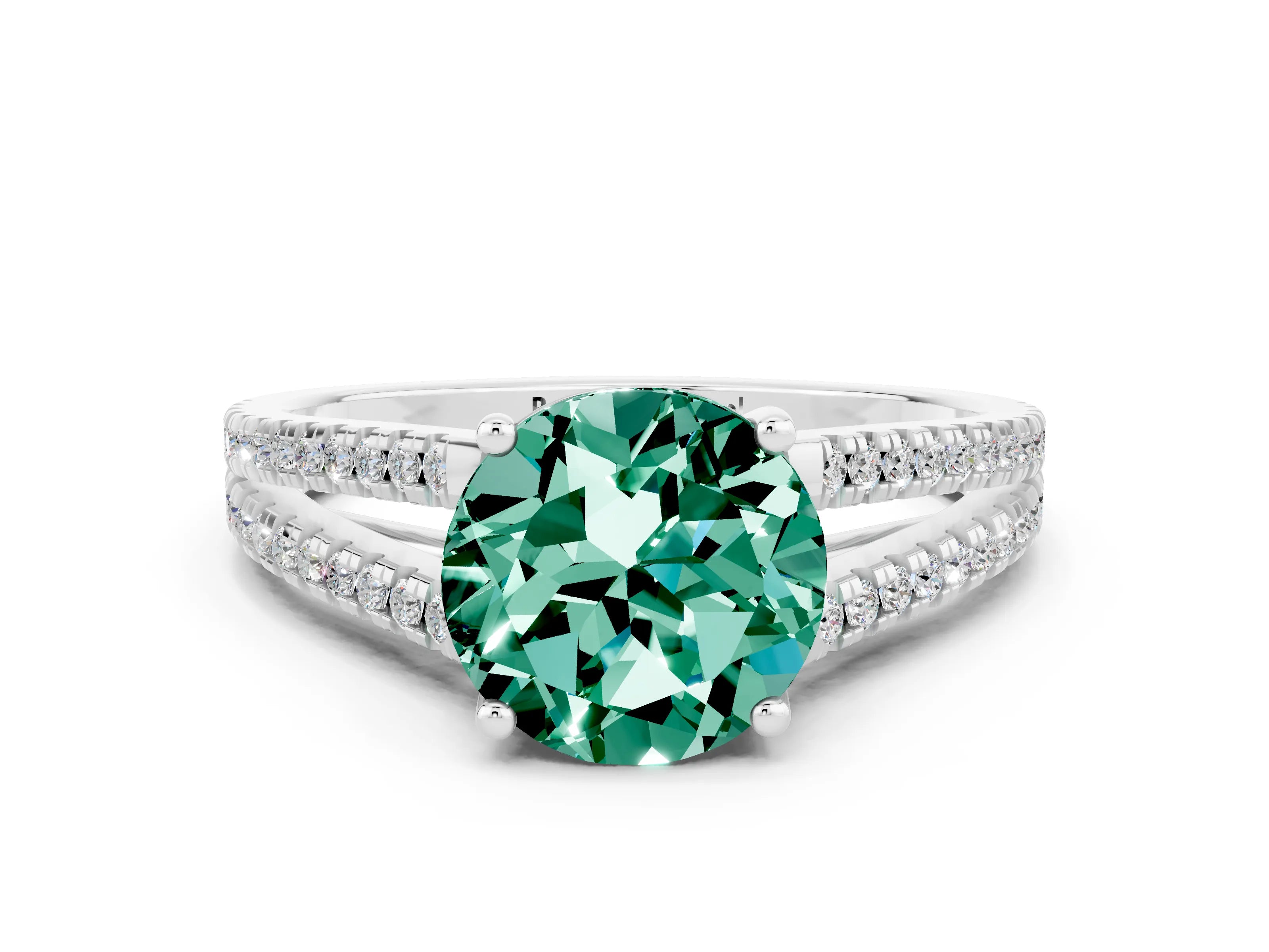 White gold Round Cut Green Sapphire Solitaire Engagement Ring with Split Shank Pavé Band