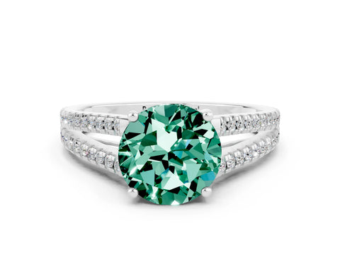 White gold Round Cut Green Sapphire Solitaire Engagement Ring with Split Shank Pavé Band