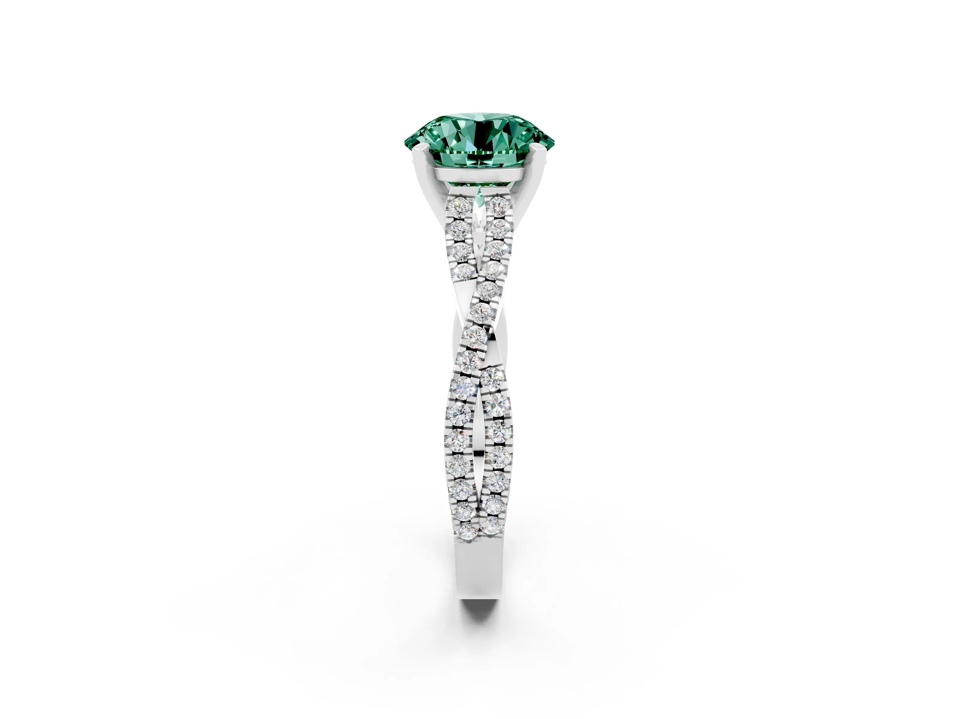 White gold Round Cut Green Sapphire Solitaire Engagement Ring with Twisted Pavé Band and Four-Prong Setting_14