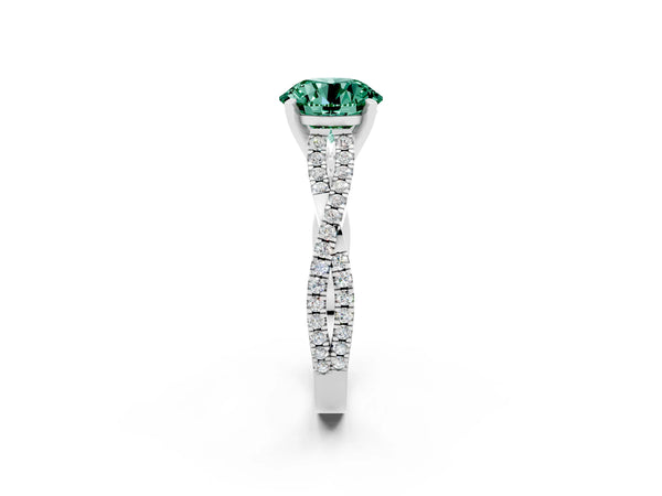 White gold Round Cut Green Sapphire Solitaire Engagement Ring with Twisted Pavé Band and Four-Prong Setting
