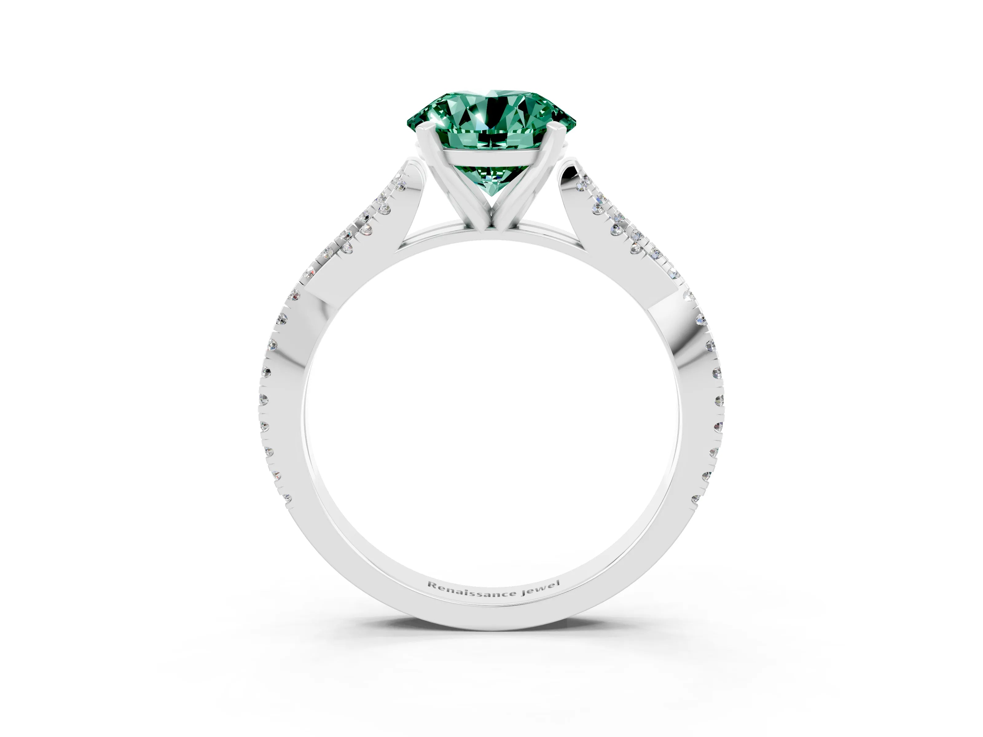 White gold Round Cut Green Sapphire Solitaire Engagement Ring with Twisted Pavé Band and Four-Prong Setting_15