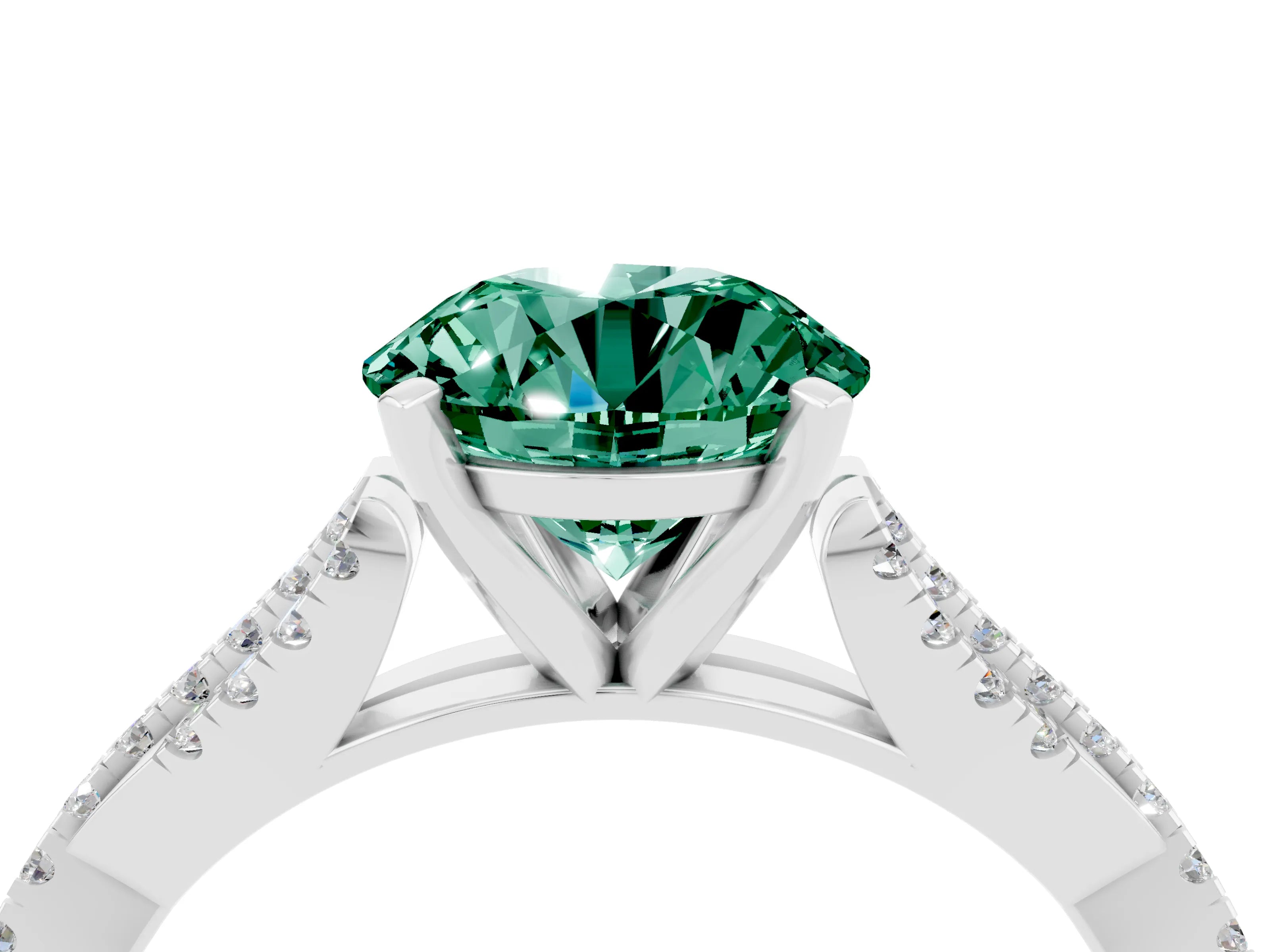 White gold Round Cut Green Sapphire Solitaire Engagement Ring with Twisted Pavé Band and Four-Prong Setting_16