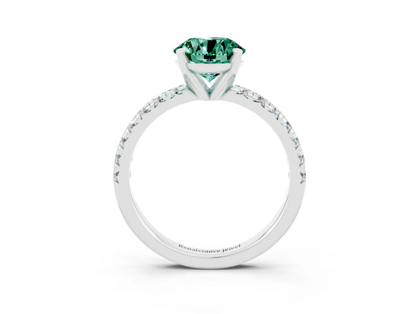 White gold Round Cut Green Sapphire Solitaire Pavé Engagement Ring with Round Band and Prong Setting
