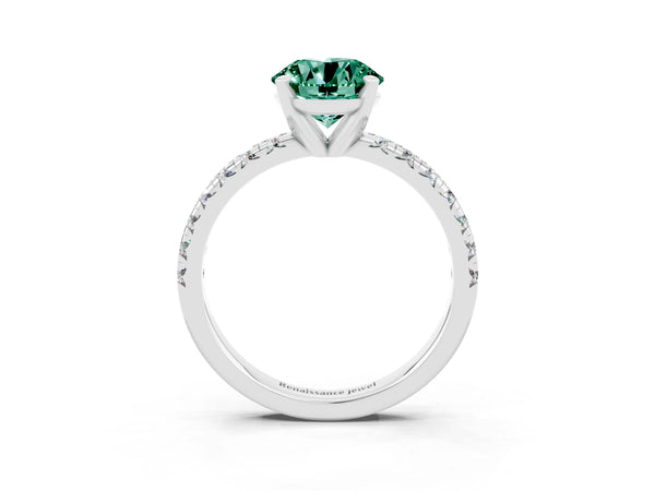 White gold Round Cut Green Sapphire Solitaire Pavé Engagement Ring with Round Band and Prong Setting