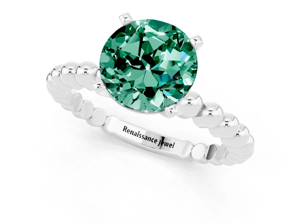 White gold Round Cut Green Sapphire Solitaire Ring with Beaded Band and Prong Setting