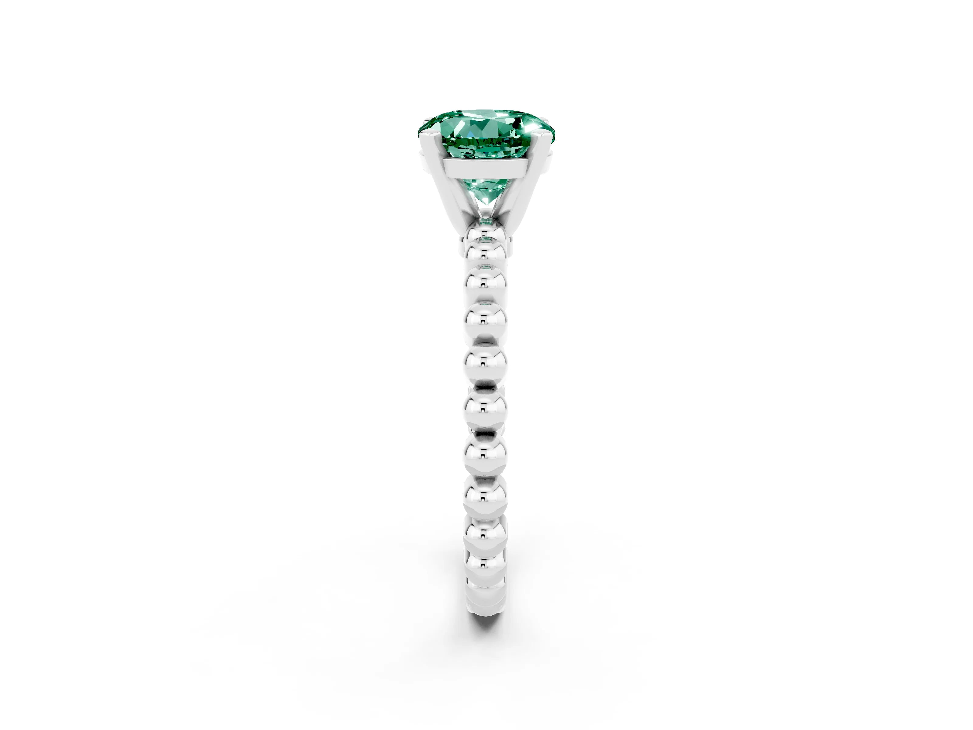 White gold Round Cut Green Sapphire Solitaire Ring with Beaded Band and Prong Setting_2