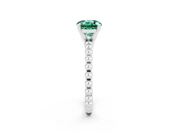 Silver Round Cut Green Sapphire Solitaire Ring with Beaded Band and Prong Setting