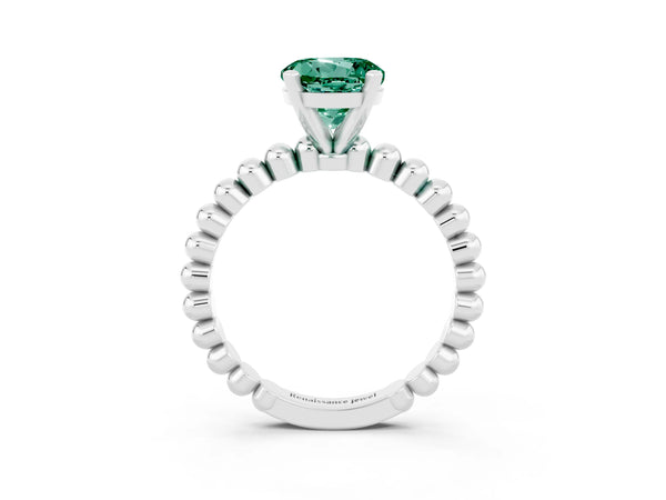 Platinum Round Cut Green Sapphire Solitaire Ring with Beaded Band and Prong Setting
