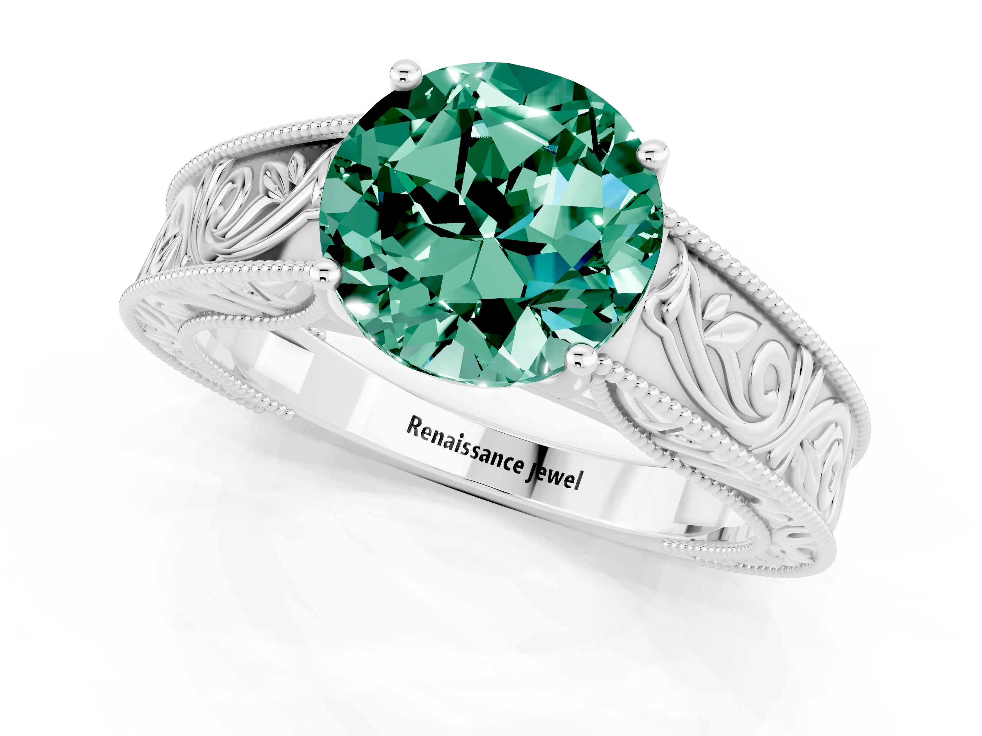 White gold Round Cut Green Sapphire Solitaire Ring with Engraved Band and Four-Prong Setting_1