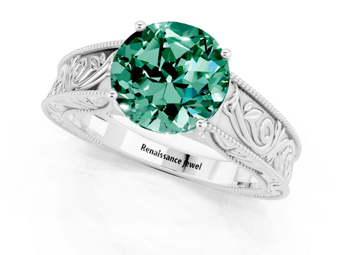 White gold Round Cut Green Sapphire Solitaire Ring with Engraved Band and Four-Prong Setting_1