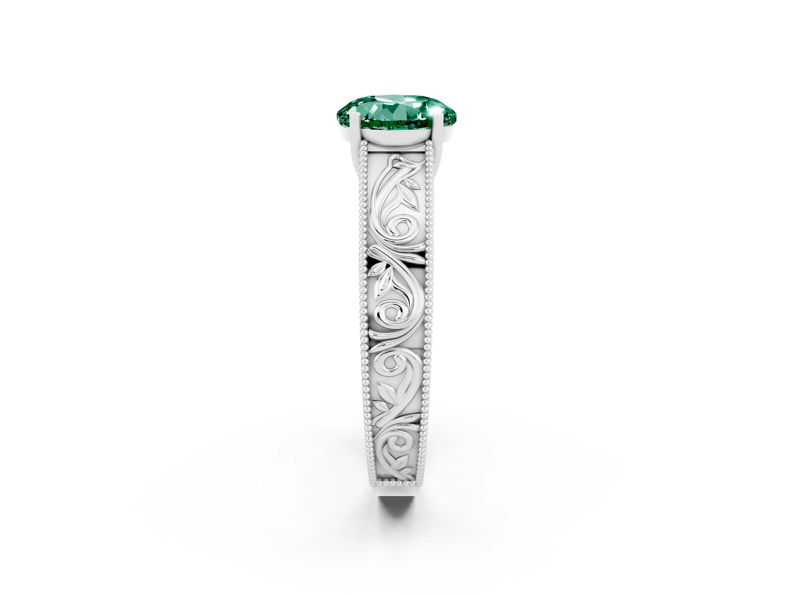 White gold Round Cut Green Sapphire Solitaire Ring with Engraved Band and Four-Prong Setting_2
