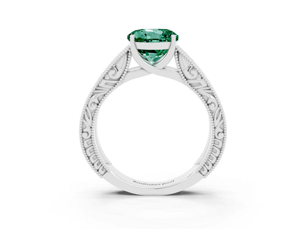 White gold Round Cut Green Sapphire Solitaire Ring with Engraved Band and Four-Prong Setting