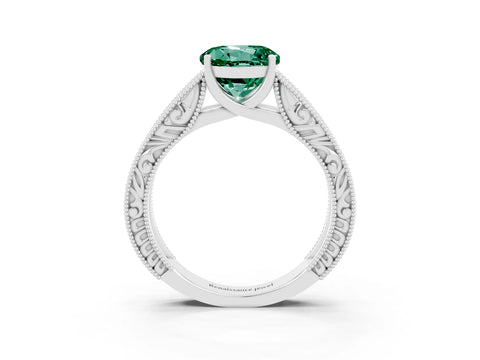 White gold Round Cut Green Sapphire Solitaire Ring with Engraved Band and Four-Prong Setting_3
