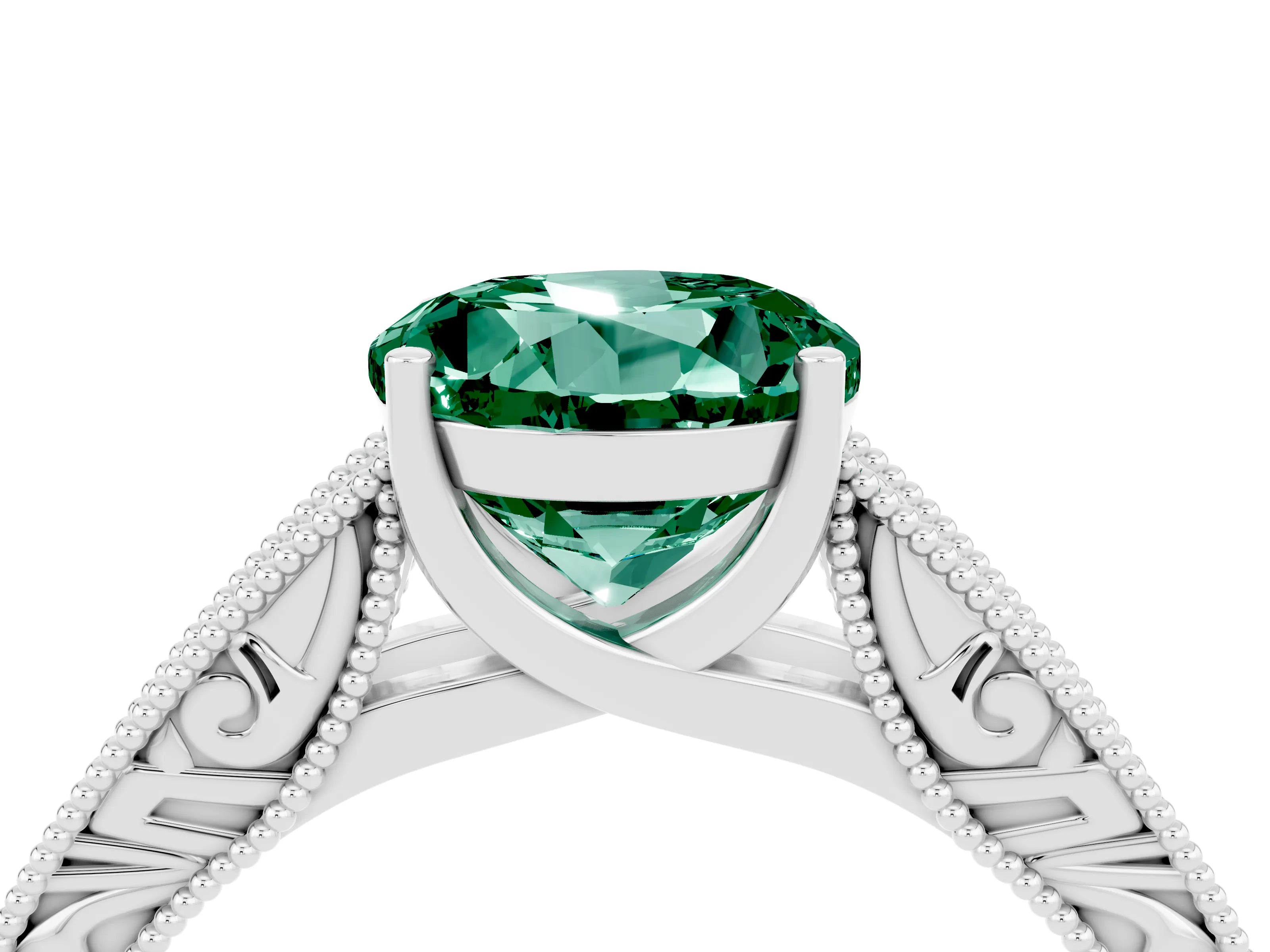 White gold Round Cut Green Sapphire Solitaire Ring with Engraved Band and Four-Prong Setting_4