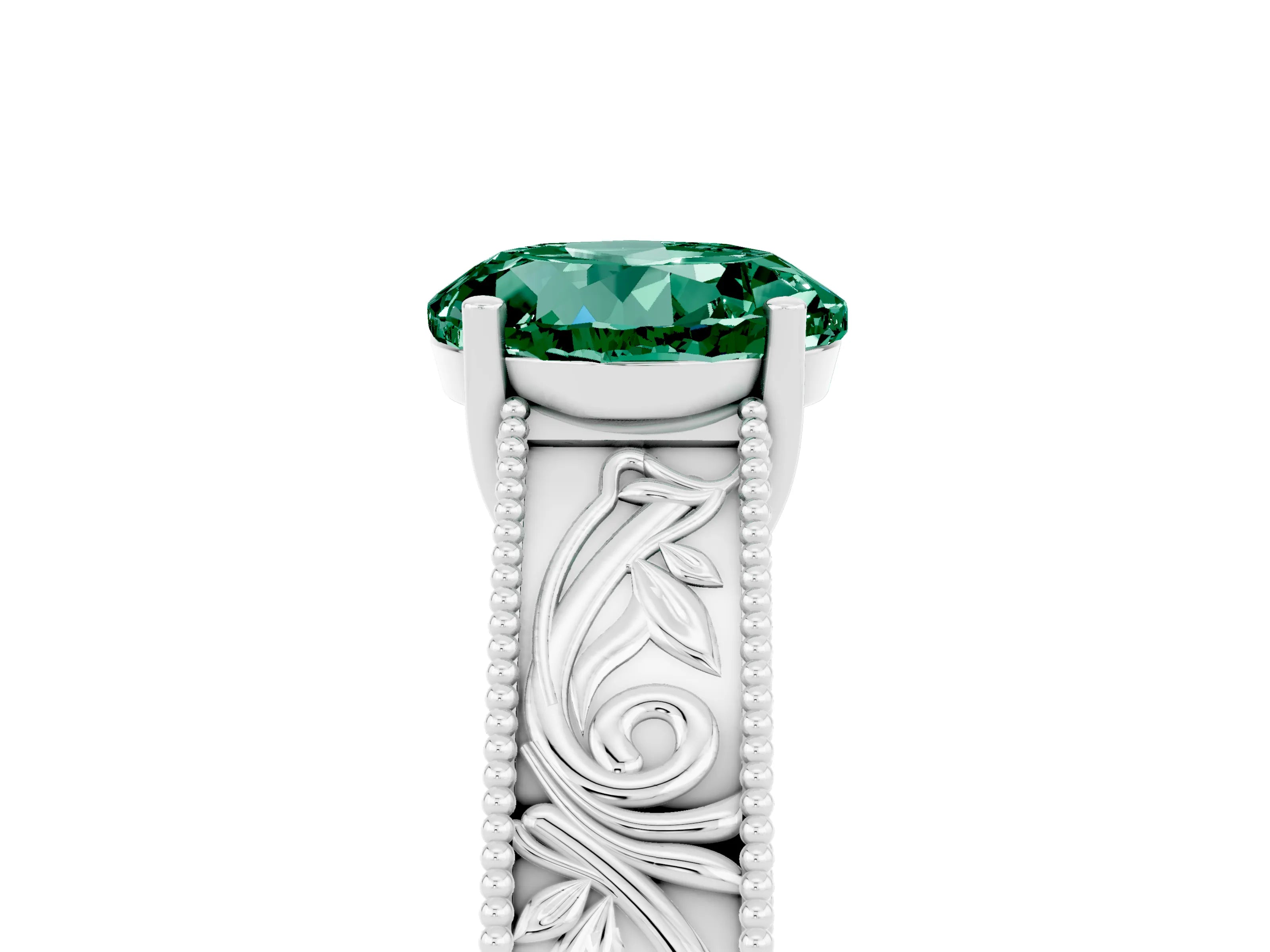 White gold Round Cut Green Sapphire Solitaire Ring with Engraved Band and Four-Prong Setting_5