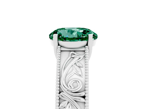 White gold Round Cut Green Sapphire Solitaire Ring with Engraved Band and Four-Prong Setting_5