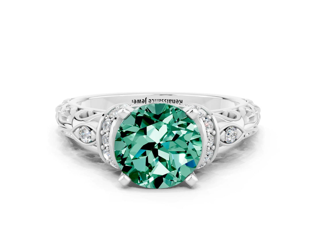 White gold Round Cut Green Sapphire Solitaire Ring with Filigree Band and Four-Prong Setting_24