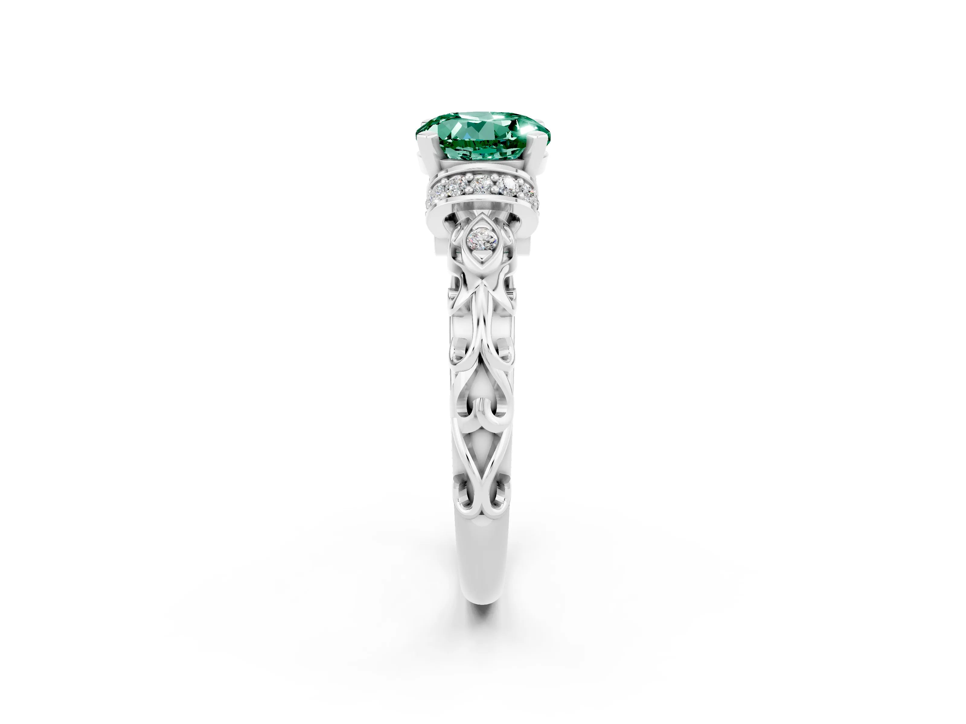 White gold Round Cut Green Sapphire Solitaire Ring with Filigree Band and Four-Prong Setting_26