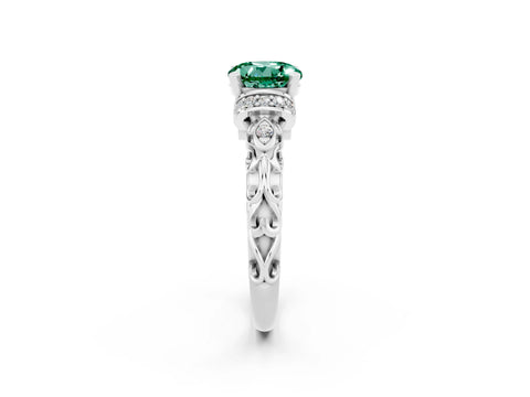 White gold Round Cut Green Sapphire Solitaire Ring with Filigree Band and Four-Prong Setting_26