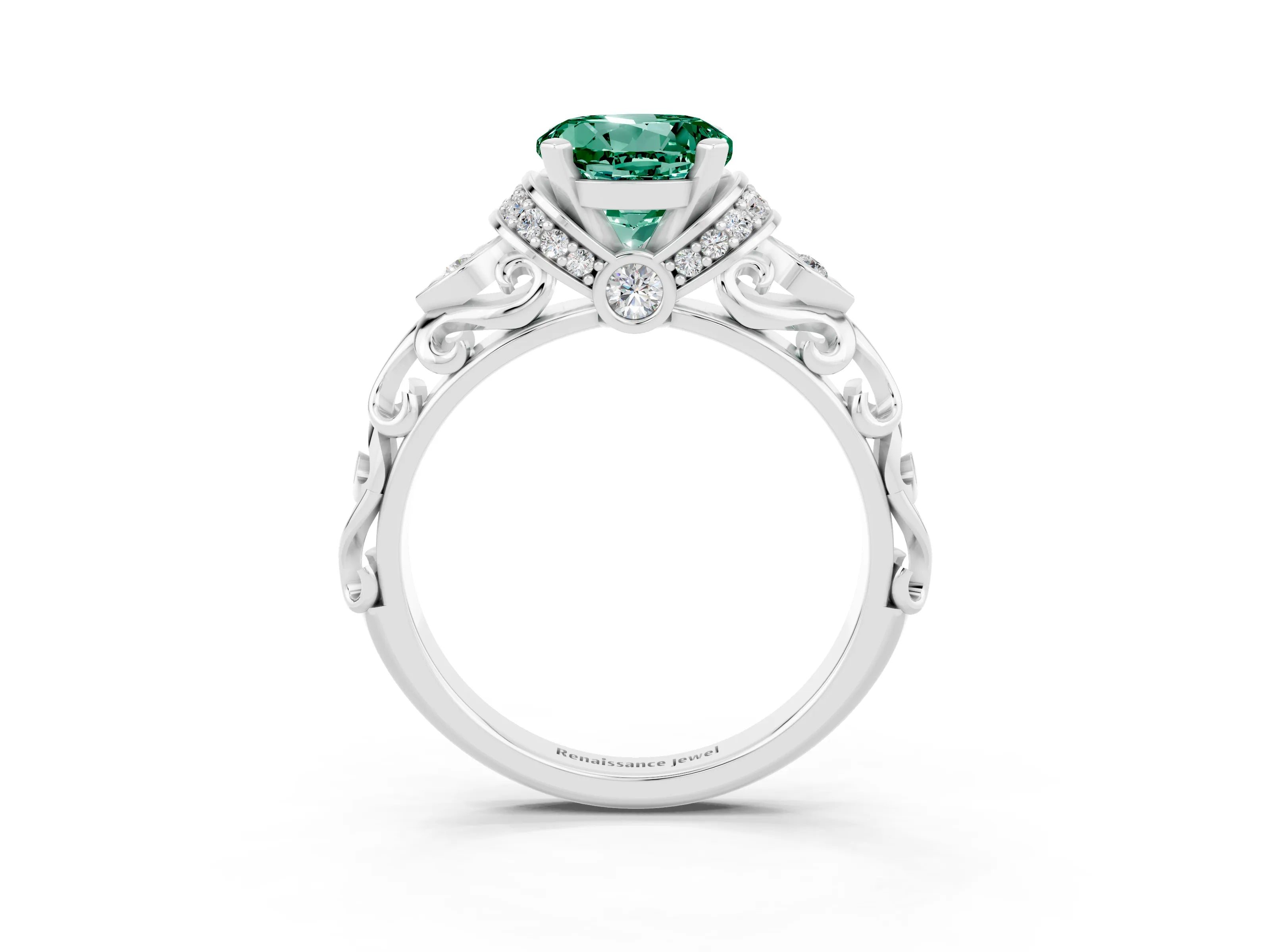 White gold Round Cut Green Sapphire Solitaire Ring with Filigree Band and Four-Prong Setting_27