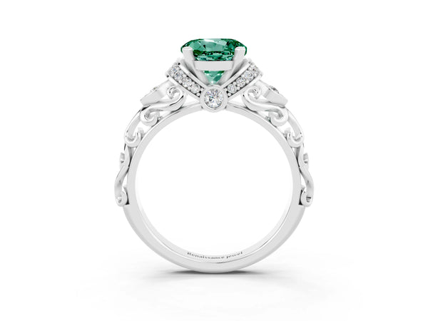 Platinum Round Cut Green Sapphire Solitaire Ring with Filigree Band and Four-Prong Setting