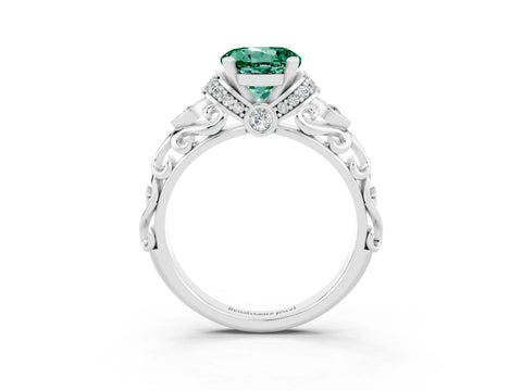 White gold Round Cut Green Sapphire Solitaire Ring with Filigree Band and Four-Prong Setting_27
