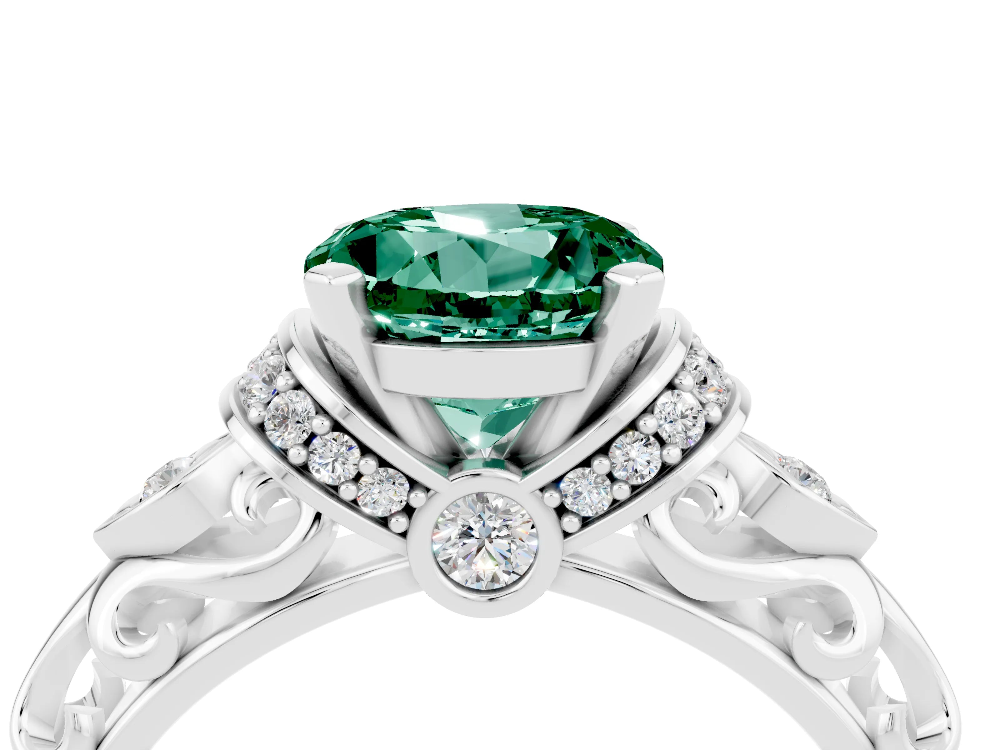 White gold Round Cut Green Sapphire Solitaire Ring with Filigree Band and Four-Prong Setting_28