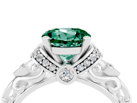 White gold Round Cut Green Sapphire Solitaire Ring with Filigree Band and Four-Prong Setting_28
