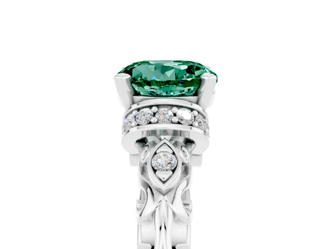 White gold Round Cut Green Sapphire Solitaire Ring with Filigree Band and Four-Prong Setting_29
