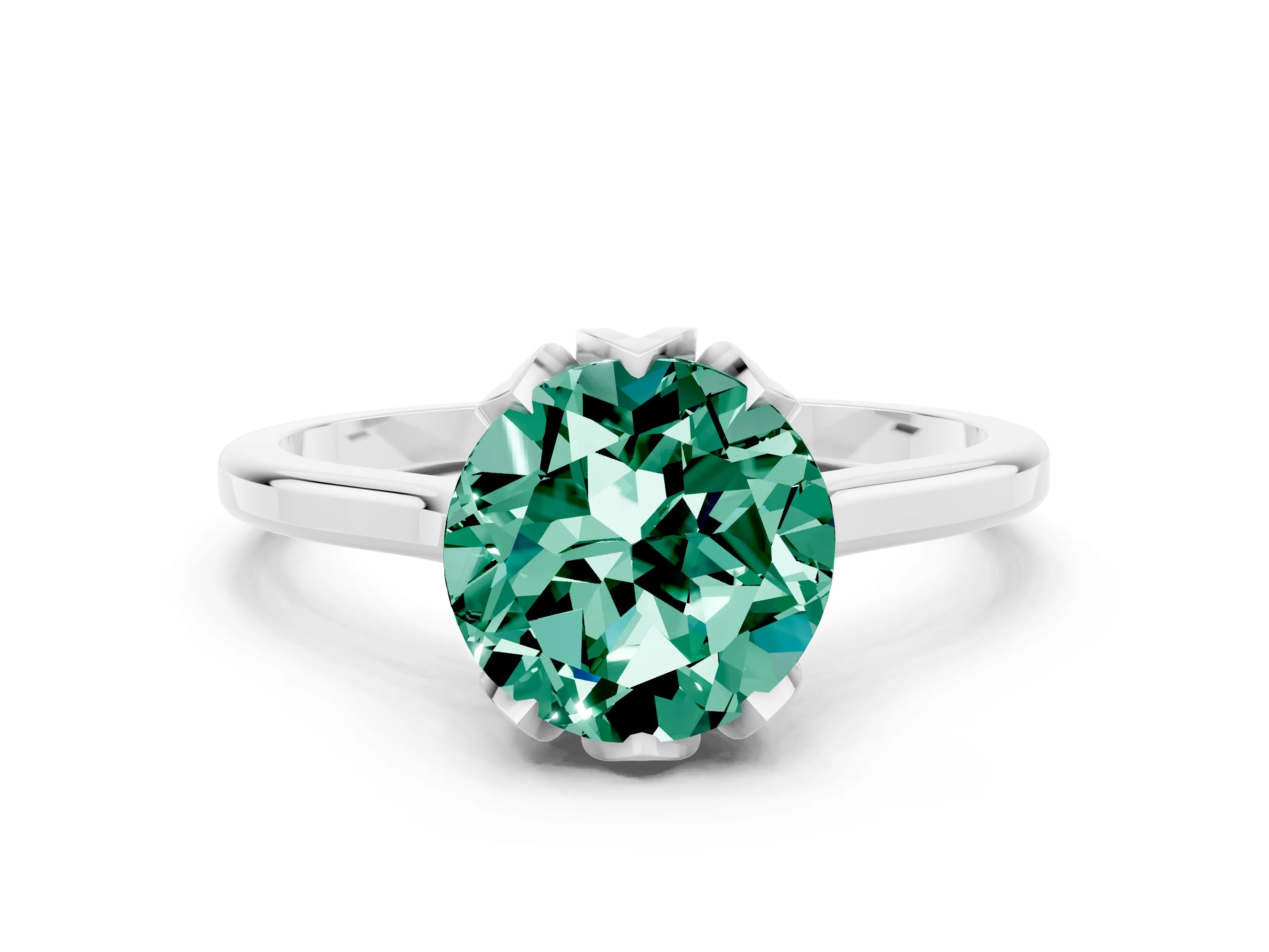 White gold Round Cut Green Sapphire Solitaire Ring with Flower Prong Setting and Classic Band_12