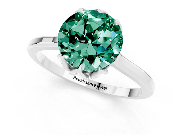 Platinum Round Cut Green Sapphire Solitaire Ring with Flower Prong Setting and Classic Band