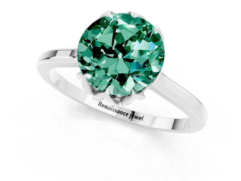 White gold Round Cut Green Sapphire Solitaire Ring with Flower Prong Setting and Classic Band_13