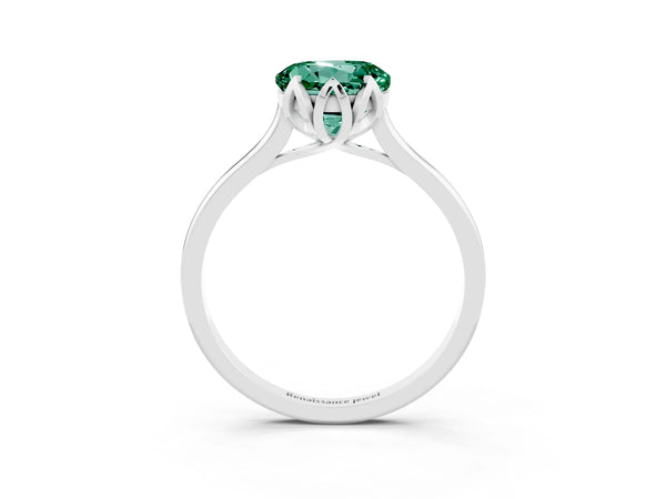 Silver Round Cut Green Sapphire Solitaire Ring with Flower Prong Setting and Classic Band