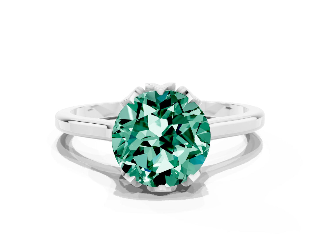 White gold Round Cut Green Sapphire Solitaire Ring with Flower Prong Setting and Classic Band_48