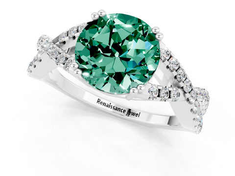 White gold Round Cut Green Sapphire Solitaire Ring with Four-Prong Setting and Twisted Pavé Band_1