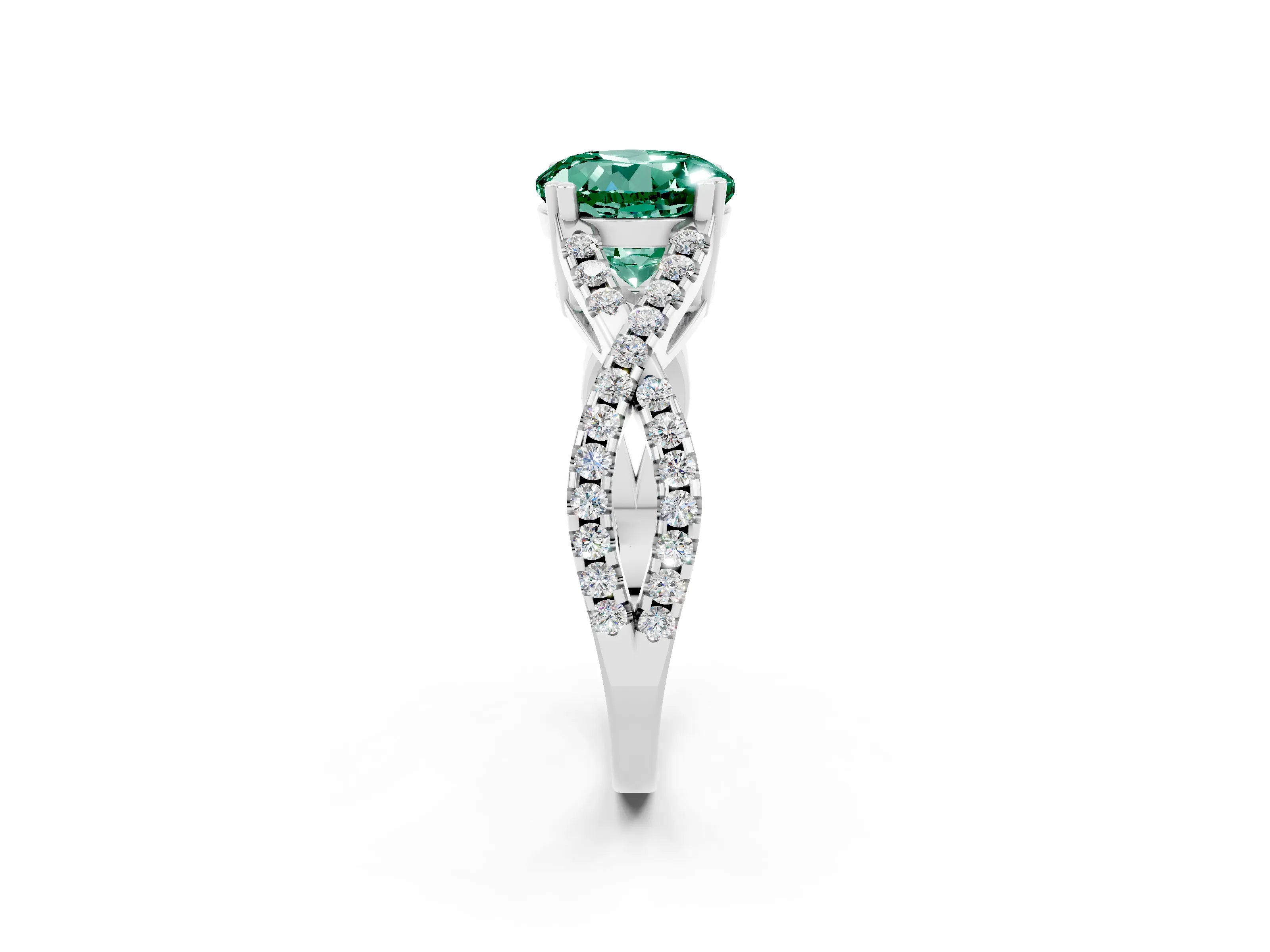 White gold Round Cut Green Sapphire Solitaire Ring with Four-Prong Setting and Twisted Pavé Band_2